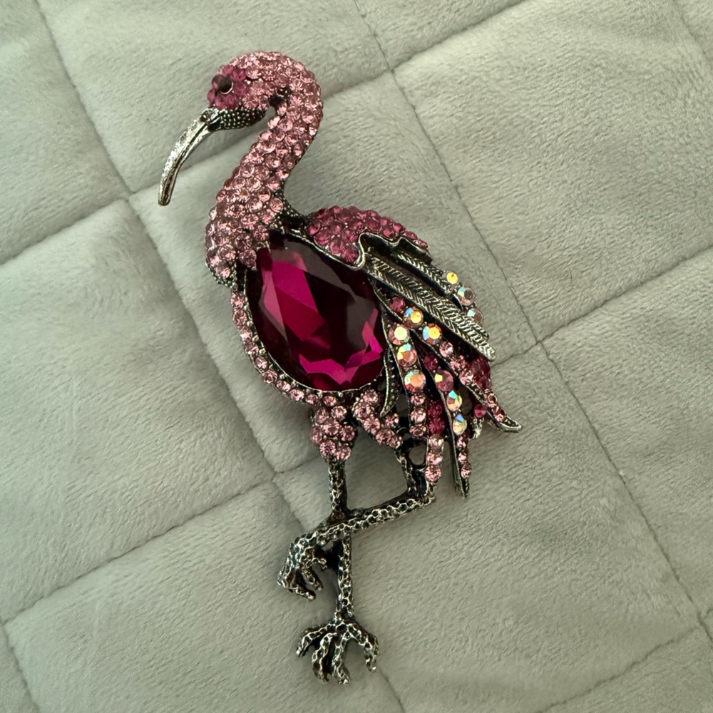 Pink Crystal Flamingo Brooch with Fuchsia Teardrop Gem